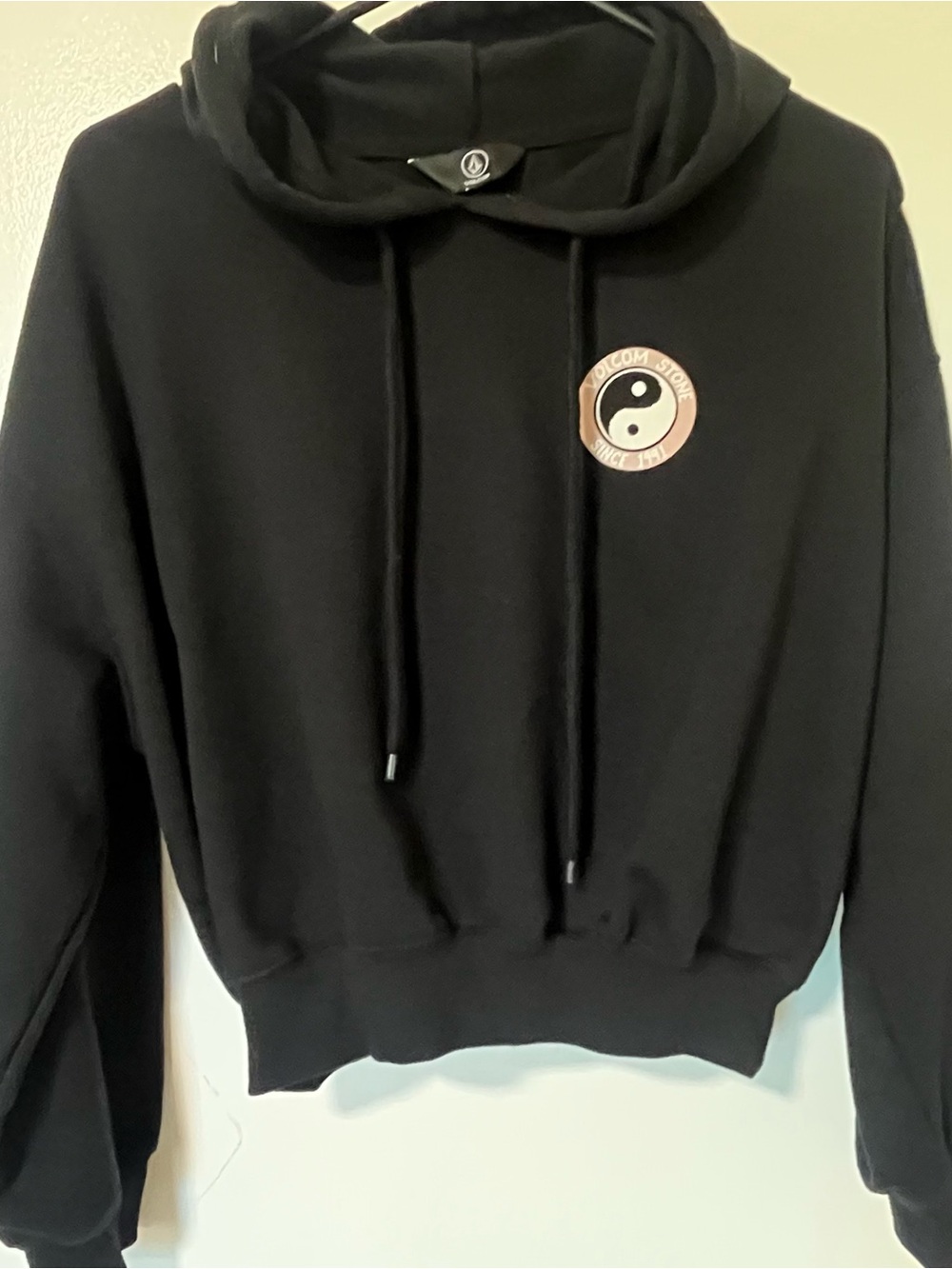 Volcom Black Cropped Hoodie with Pink Yin Yang Patch